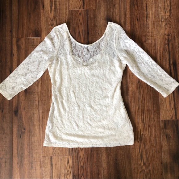GUESS Cream Lace Long Sleeve Shirt with Scoop Back - Picture 1 of 8